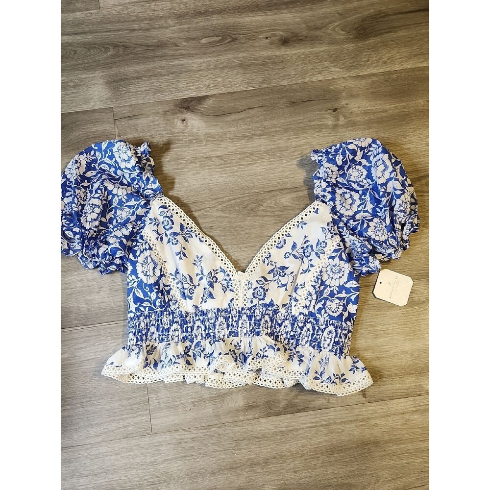 Altar'd State Blue White Floral Crop Top Puff Sleeve Smocked Cottagecore/Boho St